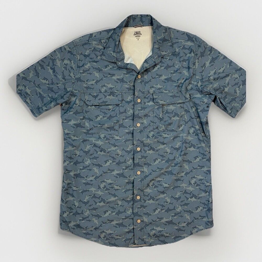 IZOD Saltwater Performance SS fishing Shirt Vented Shark Button Up Blue Mens LT